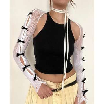 Women's Mesh Lace Shrug Crop Top Y2K Aesthetic Arm Sleeves Cardigan with Bow Grunge Cute Fairycore Accessories (White,One Size)
