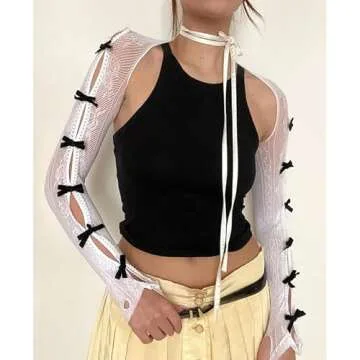 Women's Mesh Lace Shrug Crop Top Y2K Aesthetic Arm Sleeves Cardigan with Bow Grunge Cute Fairycore Accessories (White,One Size)