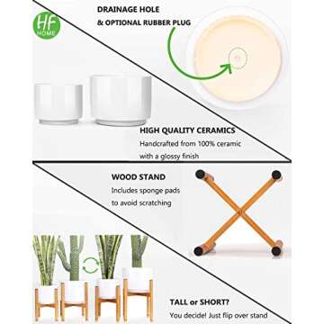 HFHOME Mid Century Modern Large Planters with Stands, Set of 2 Flower Pots for Indoor Plants, 8 Inch...