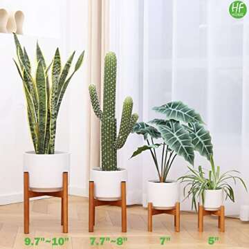 HFHOME Mid Century Modern Large Planters with Stands, Set of 2 Flower Pots for Indoor Plants, 8 Inch & 10 Inch White Plant Pots, Ceramic Plant Holder with Drainage for Cactus Snake Home Decoration