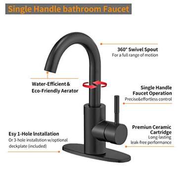 Hoimpro Modern Single Handle Wet Bar Sink Faucet with 6 Inch Cover Plate,Single Hole Bathroom Faucet,Rv Small Bathroom Sink Faucet,Bar Vanity Faucet with 360 Rotate Spout,Stainless Steel/Matte Black