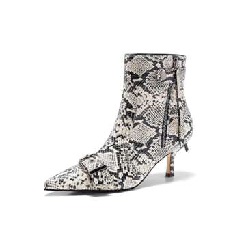 Coutgo Womens Kitten Heel Ankle Boots Pointed Toe Buckle Side Zipper Tassel Fall Winter Booties Shoes, Snake Skin, Size 7.5