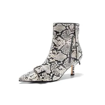 Coutgo Womens Kitten Heel Ankle Boots Pointed Toe Buckle Side Zipper Tassel Fall Winter Booties Shoes, Snake Skin, Size 7.5