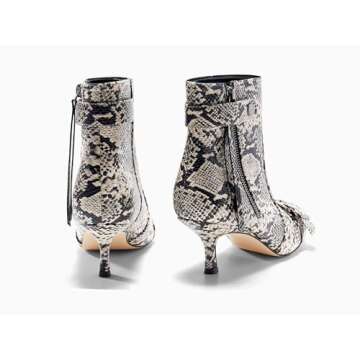 Coutgo Womens Kitten Heel Ankle Boots Pointed Toe Buckle Side Zipper Tassel Fall Winter Booties Shoes, Snake Skin, Size 7.5