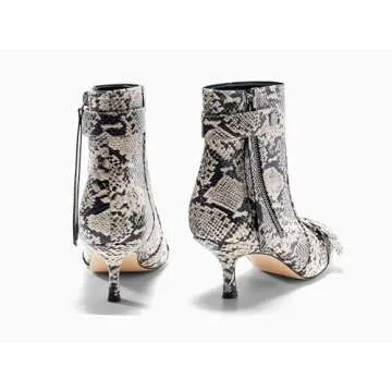 Coutgo Womens Kitten Heel Ankle Boots Pointed Toe Buckle Side Zipper Tassel Fall Winter Booties Shoes, Snake Skin, Size 7.5