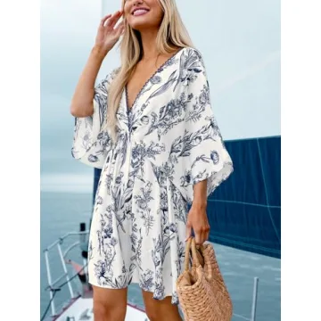 CUPSHE Women's Plunging V Neck Beach Dress Floral Short Dolman Sleeve Waist Tie Mini Summer Dresses, Blue L