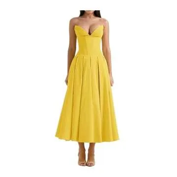 LANZHENYS Women's Sexy Strapless Long Dress, Fashionable Pointed Fishbone Waist, A-List Dress (2,L,Large,Regular,Regular)