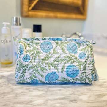 Palmetto Home Block Print Toiletry Case & Makeup Bag - Blue & Green Pomegranate