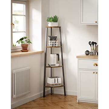 Pipishell 4 Tier Corner Shelf, Corner Bookshelf with Metal Frame, Display Shelf Industrial Corner Ladder Shelf Plant Shelf for Bedroom, Living Room, Office, Kitchen, Small Space（Rustic Brown）