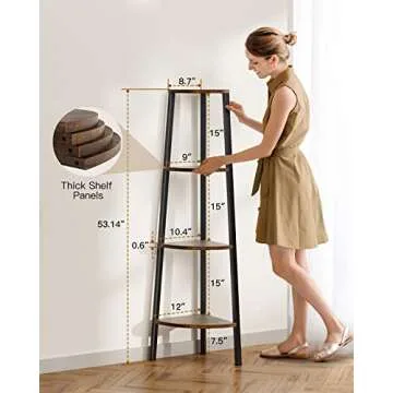 Pipishell 4 Tier Corner Shelf, Corner Bookshelf with Metal Frame, Display Shelf Industrial Corner Ladder Shelf Plant Shelf for Bedroom, Living Room, Office, Kitchen, Small Space（Rustic Brown）
