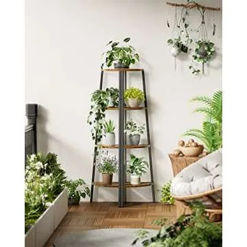 Pipishell 4 Tier Corner Shelf, Corner Bookshelf with Metal Frame, Display Shelf Industrial Corner Ladder Shelf Plant Shelf for Bedroom, Living Room, Office, Kitchen, Small Space（Rustic Brown）