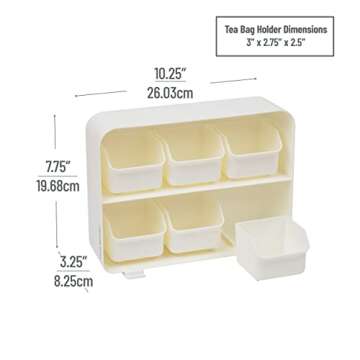 Mind Reader Tea Bag Organizer, Tea Station Organizer, Countertop Storage, Kitchen, Plastic, 10.25"L x 3.25"W x 7.75"H, White