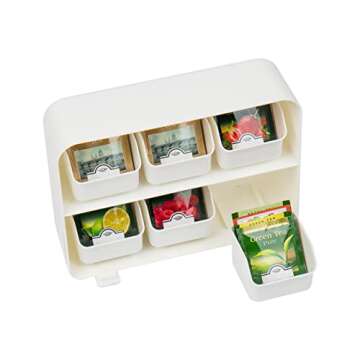Mind Reader Tea Bag Organizer, Tea Station Organizer, Countertop Storage, Kitchen, Plastic, 10.25"L x 3.25"W x 7.75"H, White