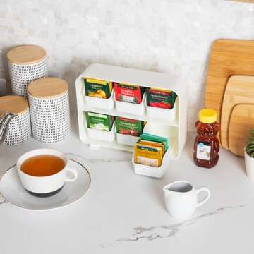 Mind Reader Tea Bag Organizer, Tea Station Organizer, Countertop Storage, Kitchen, Plastic, 10.25"L x 3.25"W x 7.75"H, White