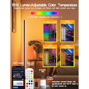 YSJ LED RGB-IC Corner Floor Lamp with App Control and Remote, Music Sync, Compatible with Alexa, Google Assistant, Modern Color Changing Standing Lamp for Living Room, Bedroom, Gaming Room