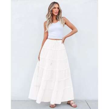 BTFBM Women Summer Tiered Maxi Skirt Drawstring Elastic Mid-Waist A Line Boho Beach Dress Flowy Long Skirts with Pocket(Solid White, Medium)