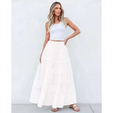 BTFBM Women Summer Tiered Maxi Skirt Drawstring Elastic Mid-Waist A Line Boho Beach Dress Flowy Long Skirts with Pocket(Solid White, Medium)