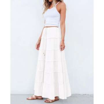 BTFBM Women Summer Tiered Maxi Skirt Drawstring Elastic Mid-Waist A Line Boho Beach Dress Flowy Long Skirts with Pocket(Solid White, Medium)