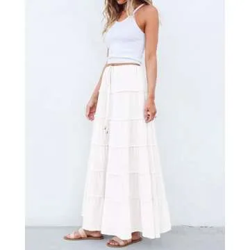 BTFBM Women Summer Tiered Maxi Skirt Drawstring Elastic Mid-Waist A Line Boho Beach Dress Flowy Long Skirts with Pocket(Solid White, Medium)
