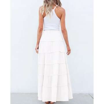 BTFBM Women Summer Tiered Maxi Skirt Drawstring Elastic Mid-Waist A Line Boho Beach Dress Flowy Long Skirts with Pocket(Solid White, Medium)