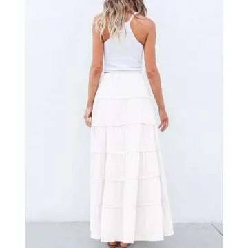 BTFBM Women Summer Tiered Maxi Skirt Drawstring Elastic Mid-Waist A Line Boho Beach Dress Flowy Long Skirts with Pocket(Solid White, Medium)