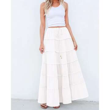 BTFBM Women Summer Tiered Maxi Skirt Drawstring Elastic Mid-Waist A Line Boho Beach Dress Flowy Long Skirts with Pocket(Solid White, Medium)