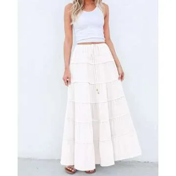 BTFBM Women Summer Tiered Maxi Skirt Drawstring Elastic Mid-Waist A Line Boho Beach Dress Flowy Long Skirts with Pocket(Solid White, Medium)