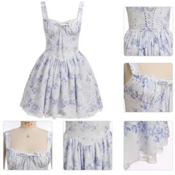 EFOGEP Floral Corset Dress Short Sexy Mini Dress Women Floral Corset Dress, Boho Summer Spaghetti Straps Square Neck Casual Midi Dress Flowy Slit Bustier Dresses Blue Floral Mini Length L