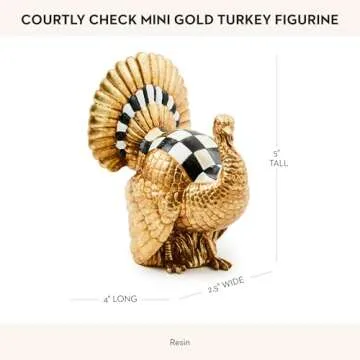 MACKENZIE-CHILDS Courtly Check Mini Gold Turkey Figurine, Resin Fall Home Decor