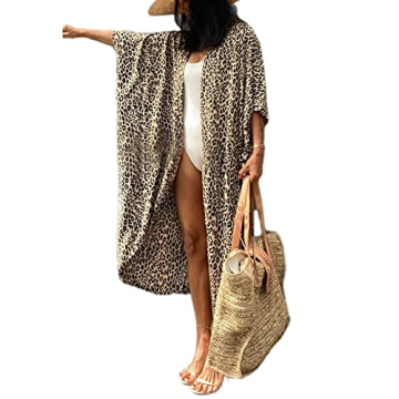 Bsubseach Yellow Leopard Long Swimsuit Cover Ups for Women Swimwear Open Front Beach Kimono Cardigan