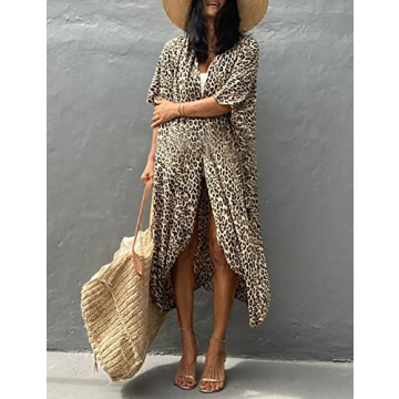 Bsubseach Yellow Leopard Long Swimsuit Cover Ups for Women Swimwear Open Front Beach Kimono Cardigan