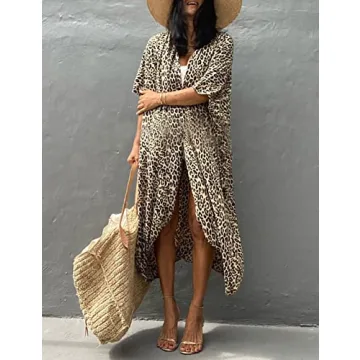 Bsubseach Yellow Leopard Long Swimsuit Cover Ups for Women Swimwear Open Front Beach Kimono Cardigan