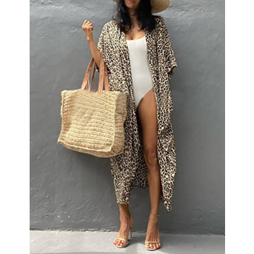 Bsubseach Yellow Leopard Long Swimsuit Cover Ups for Women Swimwear Open Front Beach Kimono Cardigan