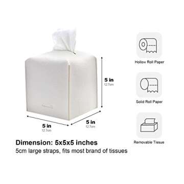 PENGLONG Tissue Box Cover 5X5X5'' PU Leather Tissue Holder Square Tissue Cube Box Organizer for Bathroom Vanity Countertop, Car, Night Stands, Office, Home, Kitchen (1Pack, White)