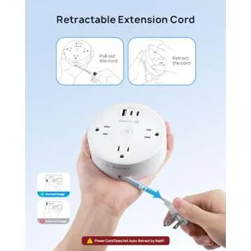 TROND Travel Power Strip - Retractable Extension Cord 5ft Ultra Thin Flat Plug, Retractable Power Strip with 3 AC Outlets 3 USB Ports (2 USB C), Cruise Ship Essentials, for Home Hotel Dorm Room, White