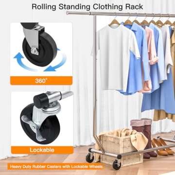 Camabel Clothes Rack Heavy Duty Metal Garment Rack Standing Rolling Clothing Rack for Hanging Clothes with Sturdy Wheels & Shelves Portable Closet Wardrobe Rack Sliver