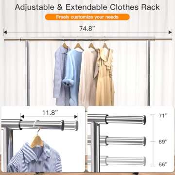 Camabel Clothes Rack Heavy Duty Metal Garment Rack Standing Rolling Clothing Rack for Hanging Clothes with Sturdy Wheels & Shelves Portable Closet Wardrobe Rack Sliver