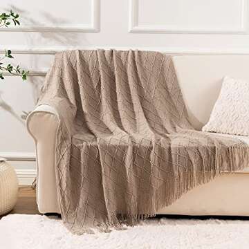 BATTILO HOME Khaki Throw Blanket for Couch, Boho Bed Tan Throws, Spring Decorative Taupe Throw for Sofa Foot of Bed, 50"x60"
