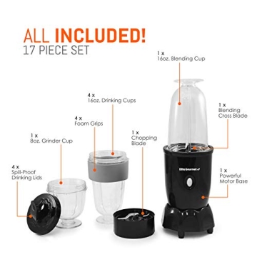 MaxiMatic Elite Gourmet Blender with 17-Piece Set for Smoothies and Drinks