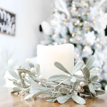 AuldHome Design Snowy Lamb's Ear Garland (4-Foot); Pearl and Berry Farmhouse Christmas Decor Candle Ring or Wreath Accent