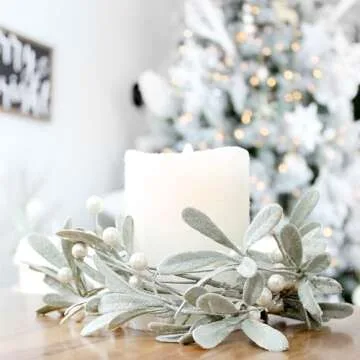 AuldHome Design Snowy Lamb's Ear Garland (4-Foot); Pearl and Berry Farmhouse Christmas Decor Candle Ring or Wreath Accent