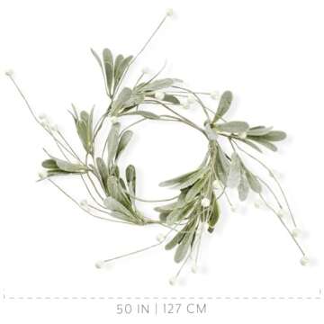 AuldHome Design Snowy Lamb's Ear Garland (4-Foot); Pearl and Berry Farmhouse Christmas Decor Candle Ring or Wreath Accent