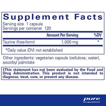 Pure Encapsulations Taurine 1,000 mg - Supports Heart Health & Detox - Essential Amino Acid - Liver & Gallbladder Health* - Vegan & Gluten Free - 120 Capsules