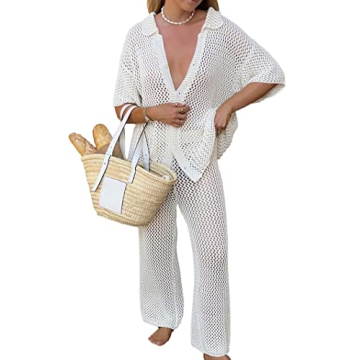 Famulily 2 Piece Sexy Cover Up for Women Cute Crochet Beachwear Hollow Out Shirts Pants 2Pcs Summer ...