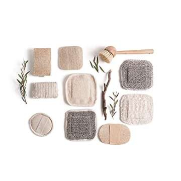 Set of 10 compostable Hemp and Loofah Kitchen eco Dish sponges for Kitchen Cleaning, eco Friendly Kitchen sponges, compostable Sponge, Bamboo and Bristle Dish Brush, and Bonus Hemp face washcloth