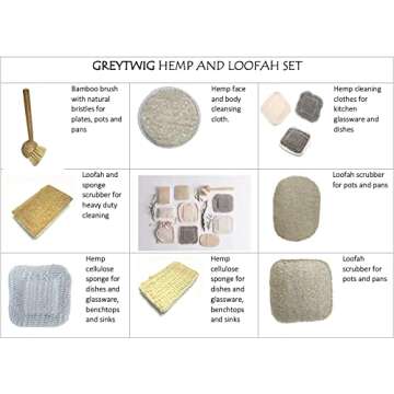 Set of 10 compostable Hemp and Loofah Kitchen eco Dish sponges for Kitchen Cleaning, eco Friendly Kitchen sponges, compostable Sponge, Bamboo and Bristle Dish Brush, and Bonus Hemp face washcloth