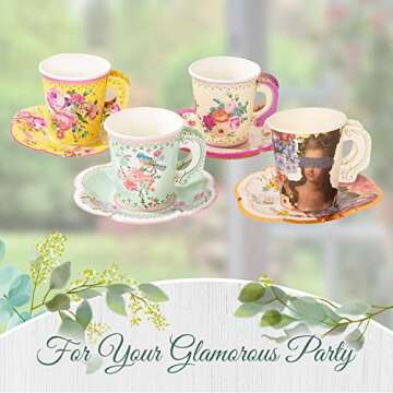 Talking Tables Vintage Royal Paper Teacups with Saucers - 24 Count Set for Tea Parties