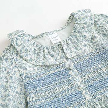 Curipeer Baby Girls Long Sleeve Floral Dress Flower Printed Smock Toddler Ruffle Dress for Autumn and Spring Blue 5T