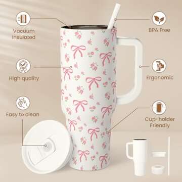 SANDJEST Bow Tumbler with Handle 40oz, Stainless Steel Insulated Tumblers Coffee Travel Cup with Sli...