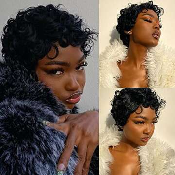 VRVogue Lace Front Curly Wig Human Hair 13x1 Pixie Cut Wig Lace Front Human Hair HD Lace Pixie Human Hair Wigs for Black Women Short Curly Pixie Human Hair Wigs Natural Black